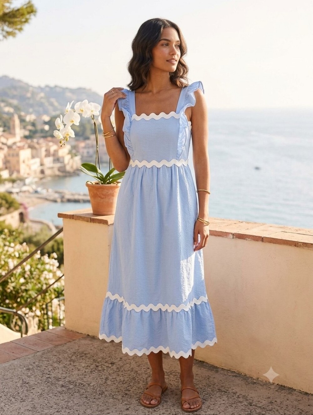 Zesica Light Blue Ruffle Trim Maxi Dress